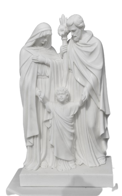 white marble sculpture of a family with a child