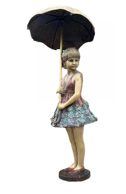 bronze sculpture of a girl holding an umbrella