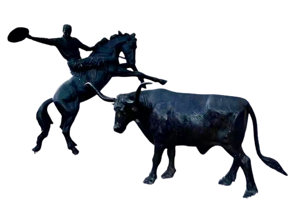 bronze sculpture of a horse and bull in dynamic pose