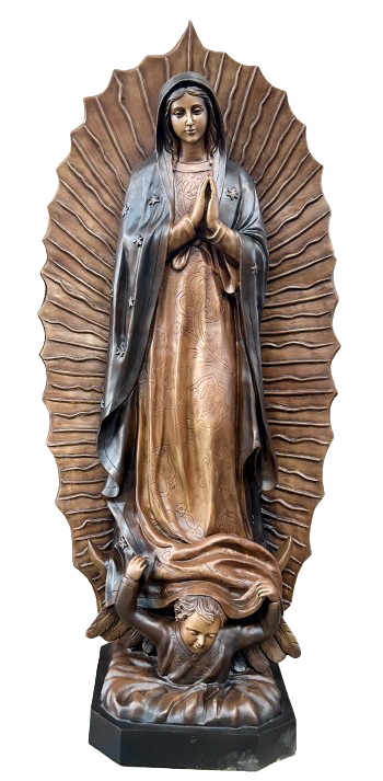 bronze sculpture of a religious figure with rays behind