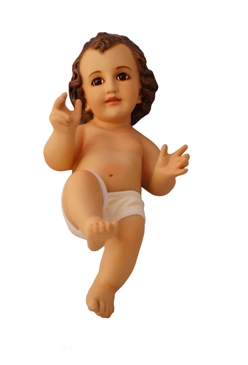 porcelain baby doll with curly hair and outstretched arms