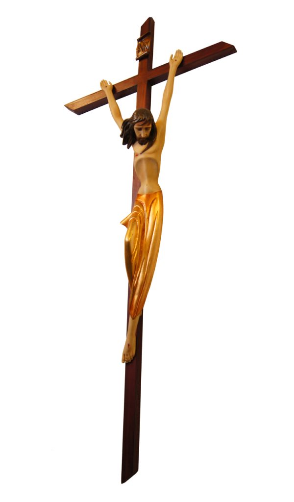 crucifix sculpture with a wooden cross and gold accents