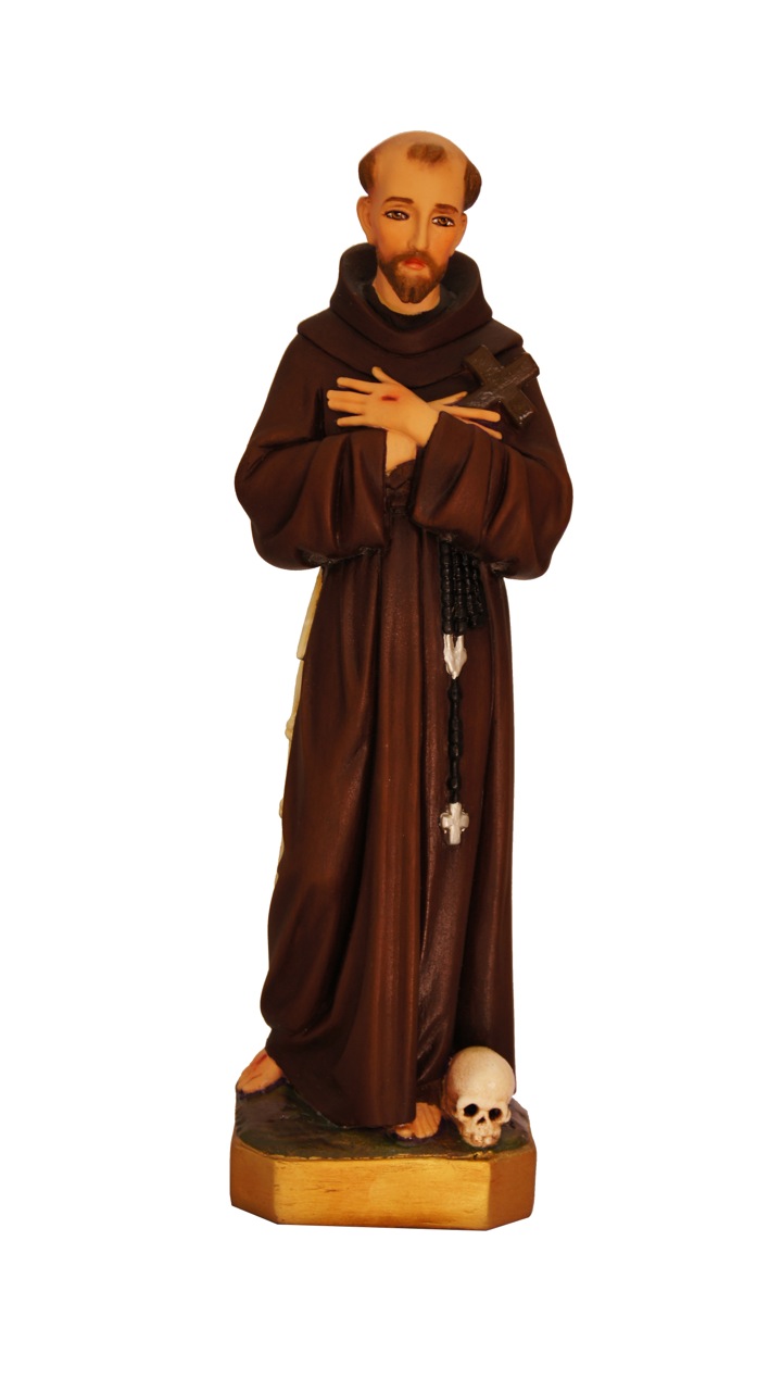 figurine of a saint in brown robes with a skull at his feet