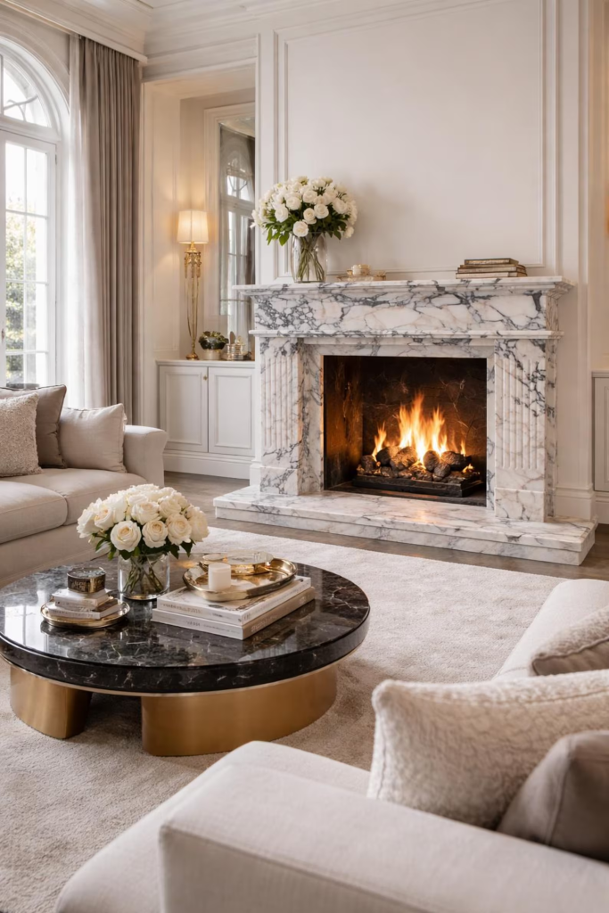 elegant living room with marble fireplace and floral arrangement